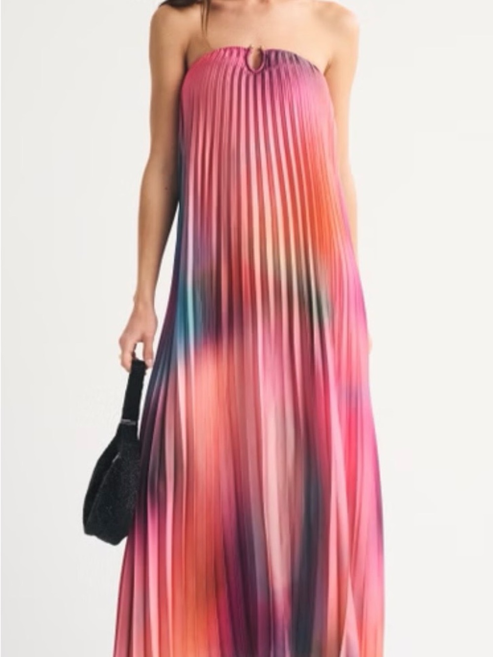 Abercrombie & Fitch Strapless Pleated Maxi Dress in Pink Multi-Blend
